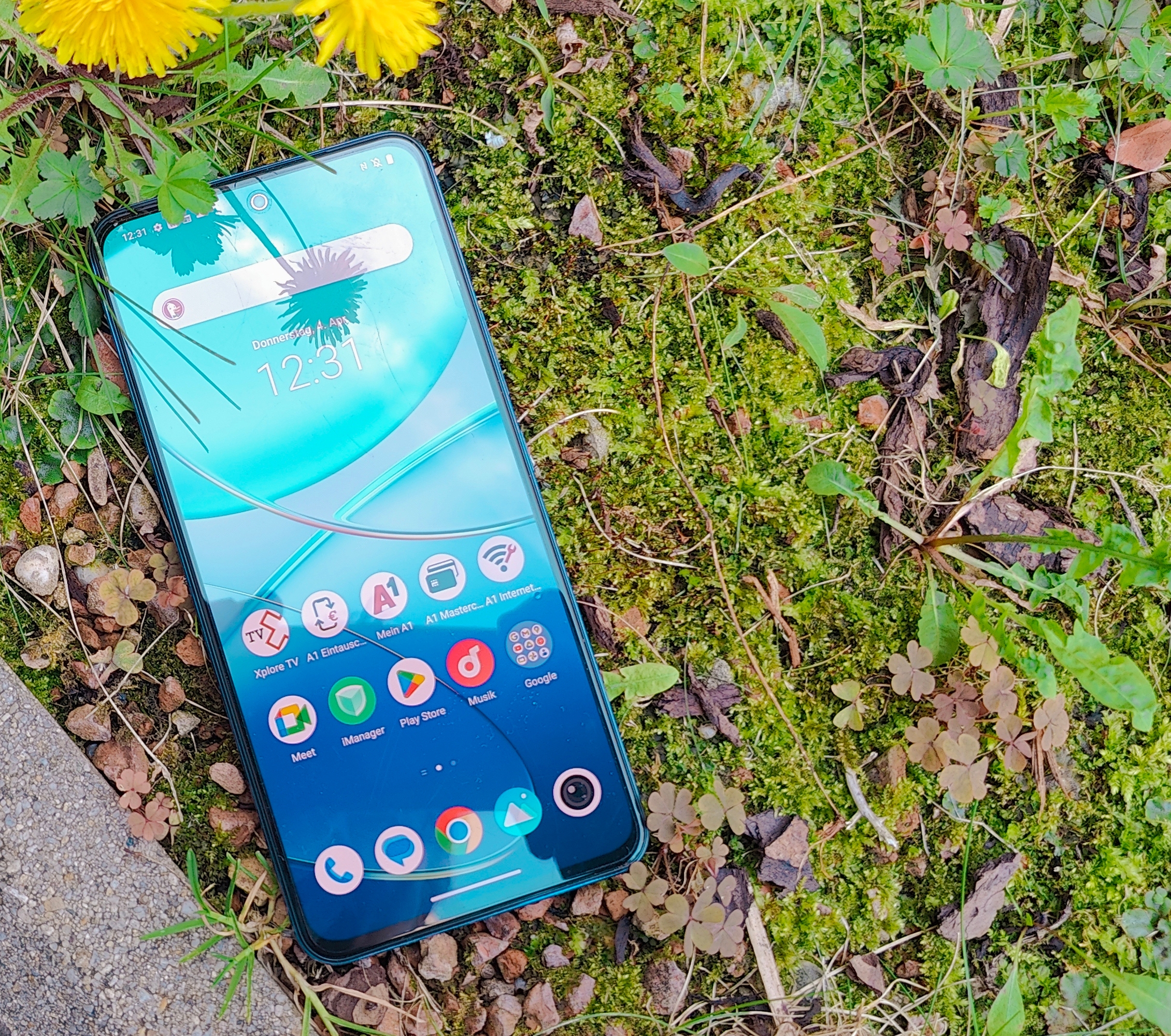 Vivo V40 SE Smartphone auf einer gründen Blumenwiese liegend